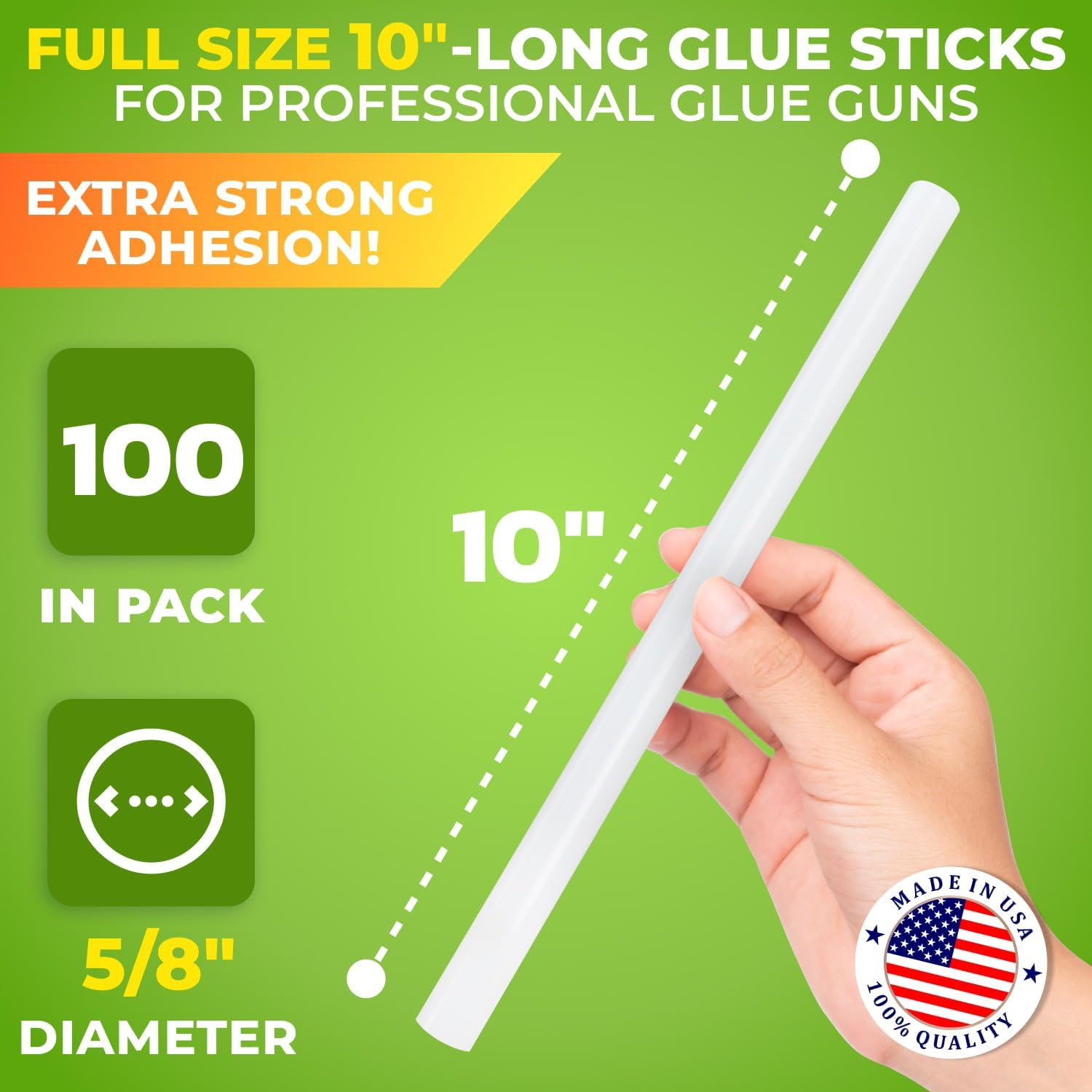 IDL Packaging 5/8" x 10" Variety-of-Surfaces Full-Size Hot Glue Sticks for Glue Guns, Clear (Pack of 100) - Superior Bonding Strength for Foam, Vinyl, Leather, Upholstery, Furniture
