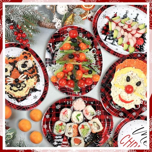 Image of Fourluoo 96 Pcs Christmas Paper Plates Disposable 9 Inch Red and Black Buffalo Plaid Dessert Cake Dinner Plates Bulk for Xmas Holiday Party Favor Supplies