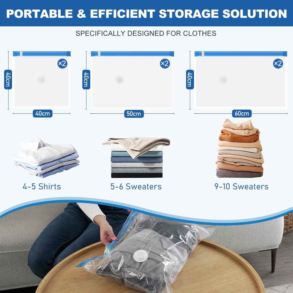 Vacbird Sacchi Sottovuoto Vestiti con Pompa Elettrica Usb, 6 Pezzi di Sacchetti Sottovuoto (2 * 40x40cm / 2 * 40x50cm / 2 * 40x60cm), Buste Sottovuoto Vestiti Riutilizzabili, Accessori Viaggio
