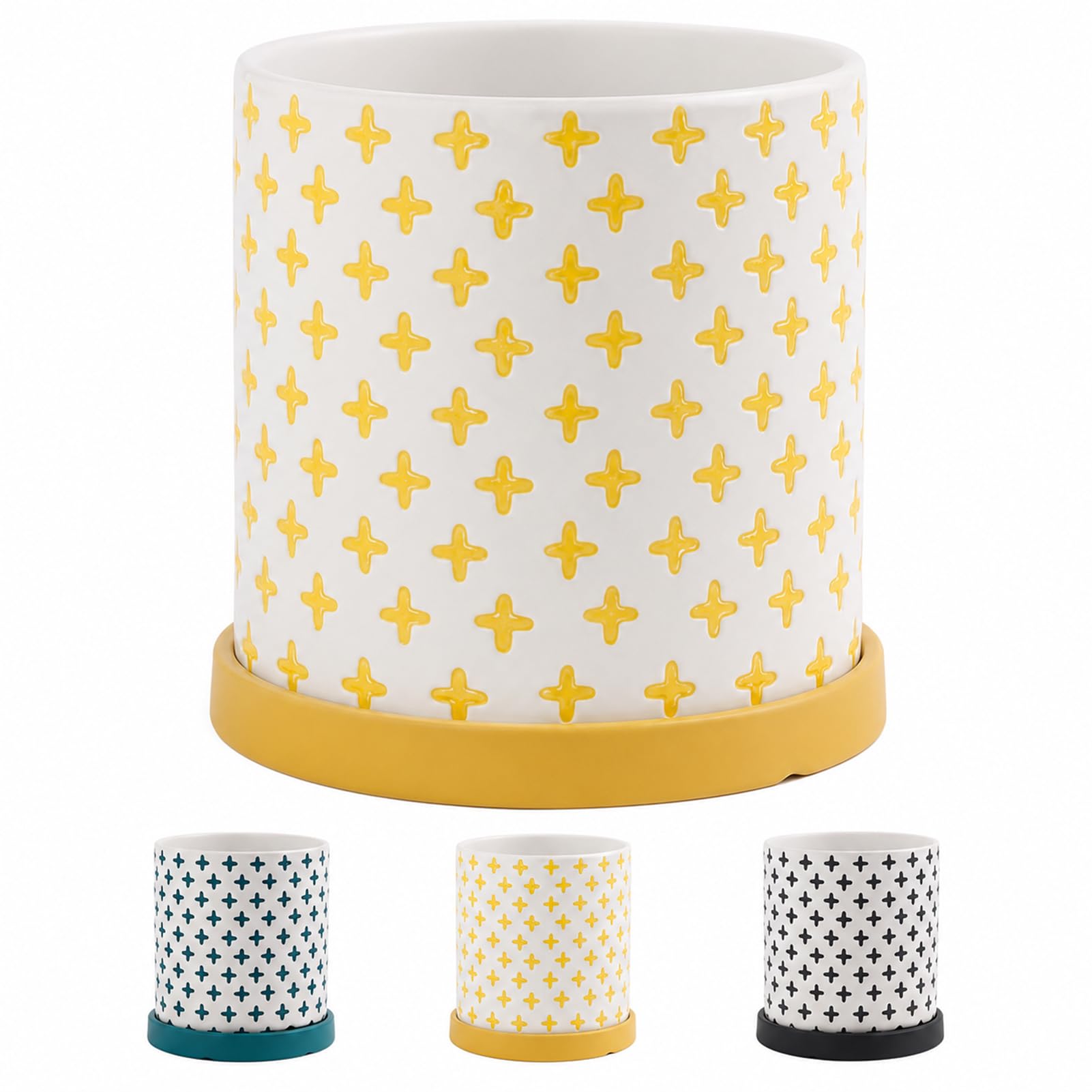 DUY Ceramic Planter Flower Pot with Saucer Teal Geometric Pattern Indoor Plant Drainage Hole for Succulents Herbs (13 * 13cm,yellow)
