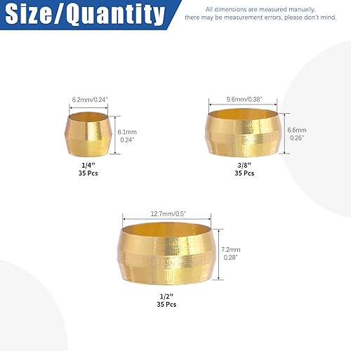 Miniatura 2 de Glarks 180 casquillos de compresión de latón OD de 316 pulgadas, 14 pulgadas, 516 pulgadas, kit surtido de accesorios de compresión de latón de 3