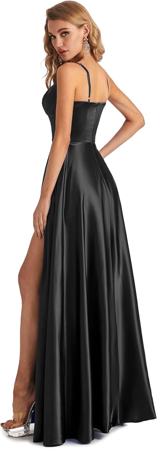 Lecureler Long Satin Spaghetti Strap Prom Dress - Image 3