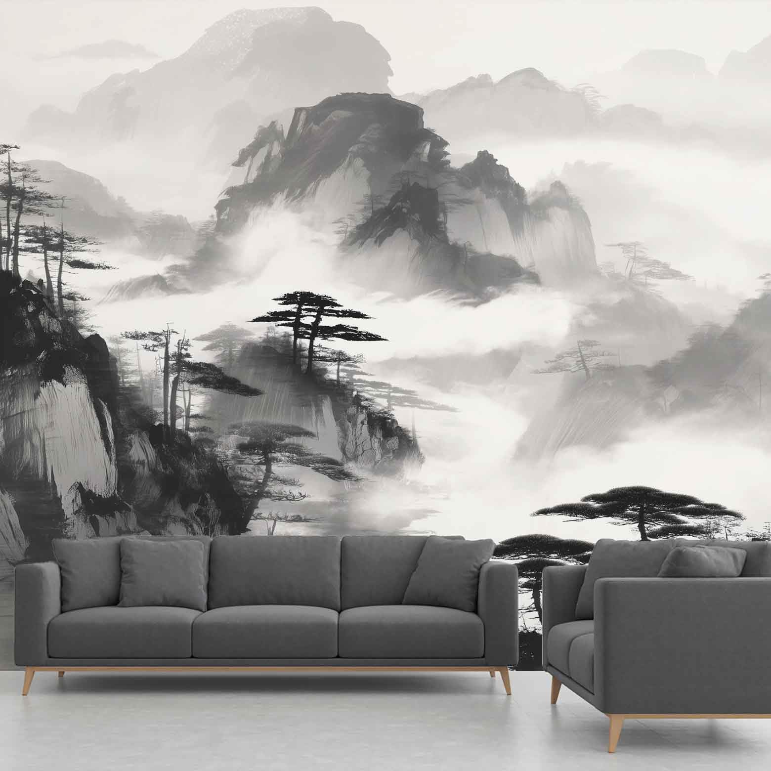 Papier Peint Panoramique Style Chinois Montagne Brumeuse Intissé 250x352cm