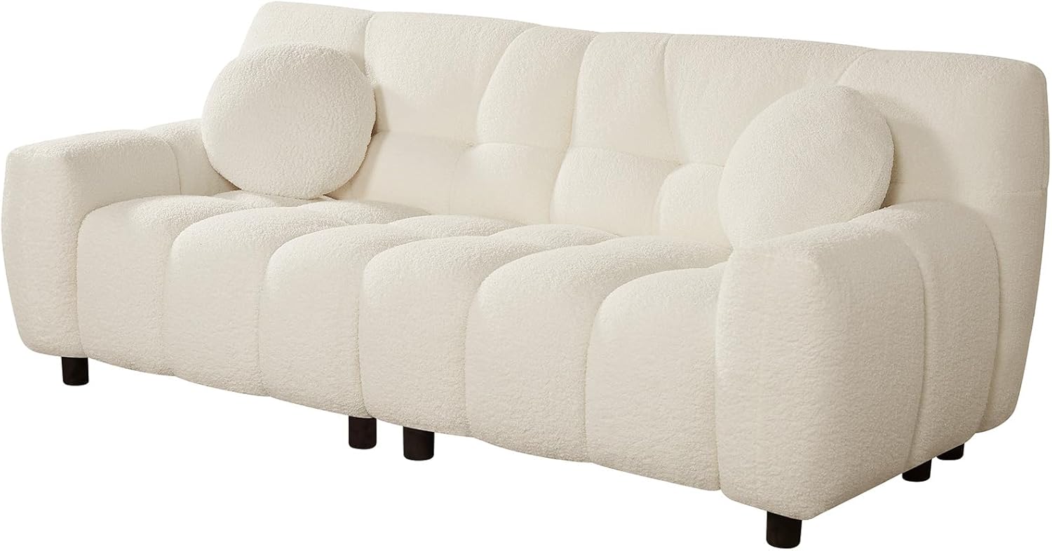 Boucle Cloud Sofa Couch, Comfy Deep Seat Sherpa Couch, 72.8" Upholstered Cozy Teddy 2 Seat Marshmallow Couches, Oversized Loveseat Sofa for Living Room, Bedroom, Cream White