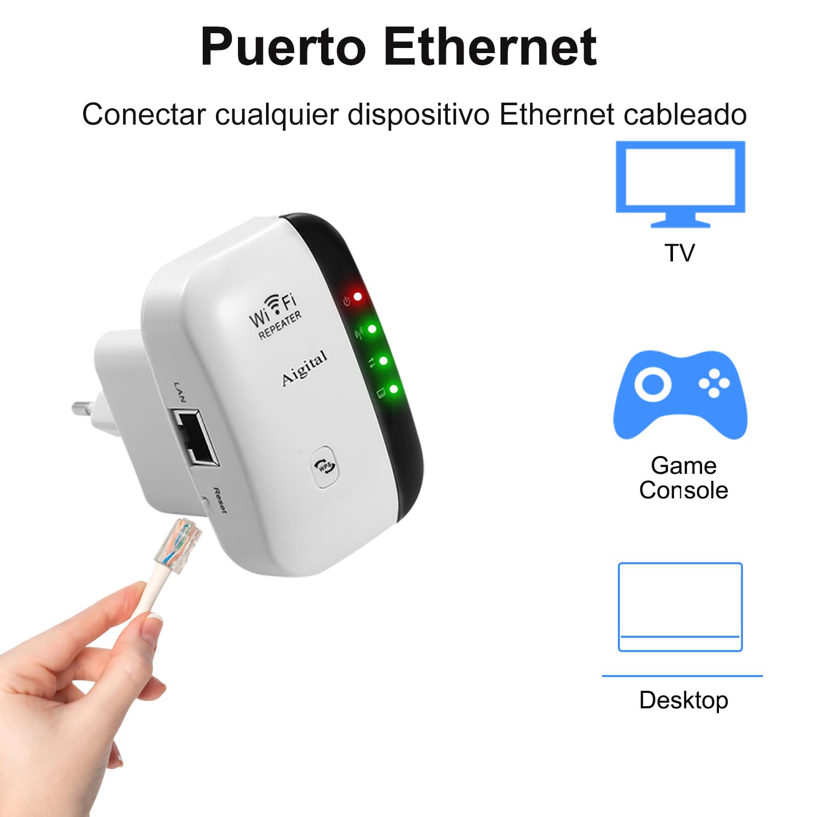 Repetidor WiFi 300Mbps 2.4 GHz, Amplificador y Extensor de Red WiFi Cobertura de hasta 120m², Modo Ap, WPS Botón, Puerto Ethernet, Antenas Internas- Blanco