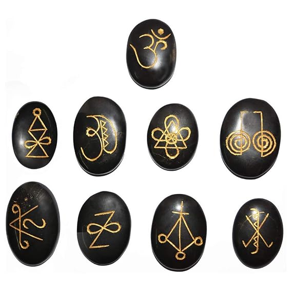 Reiki Crystal Products Natural Crystal Stone Tourmaline Karuna Reiki Symbol Set, Standard, Black, 9 Piece