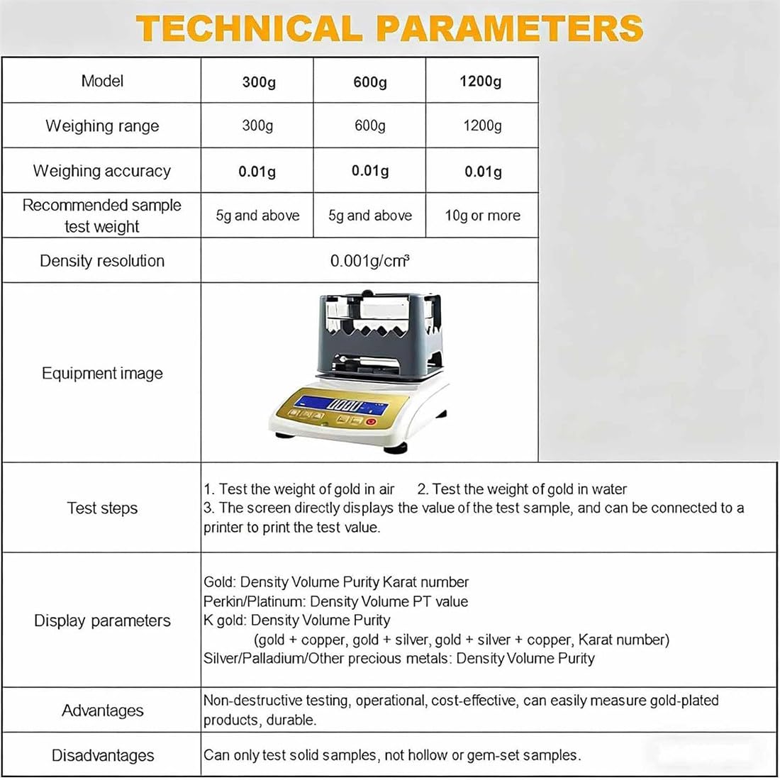 Golddichteanalysator, Digitales Edelmetall Reinheitstester, tragbarer Dichtemesser für Gold, Silber, Platin Inhaltserkennung bis zu 300g, Genauigkeit 0,001g/cm³