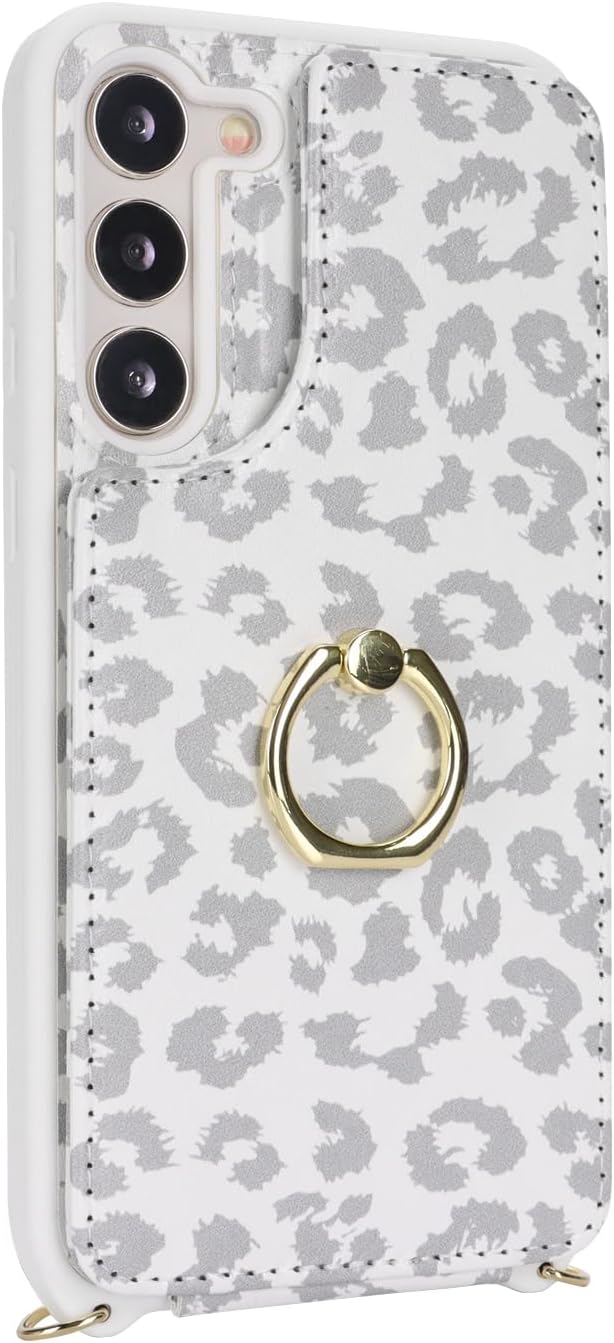 Lipvina for Samsung Galaxy S23 Case with Card Holder and Strap for Women,Crossbody Lanyard,RFID Blocking,Ring Stand,Snap Clasp,Cute Phone Wallet Cases 6.1 inch(White Leopard)