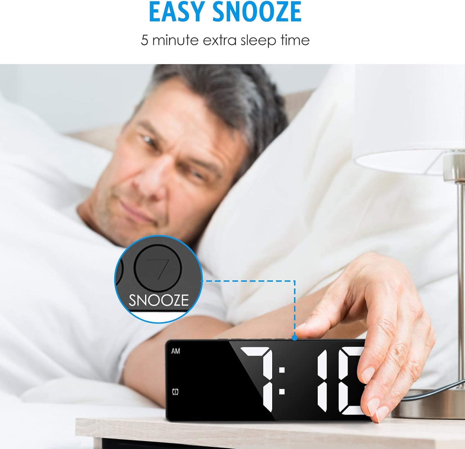 Man in bed reaching for the clock with a snooze button highlighted