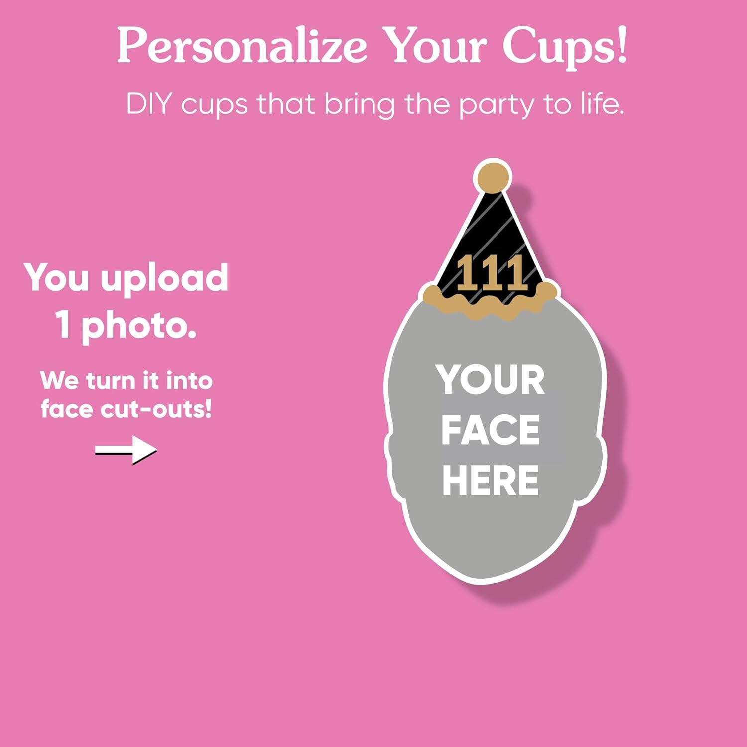 Big Dot of Happiness Custom Birthday Cups, 16oz Disposable Drinkware, Funny Milestone Birthday Party Table Decor, Custom Party Cups (Black) & Personalized Photo Face Cutout Stickers - 16 Pack