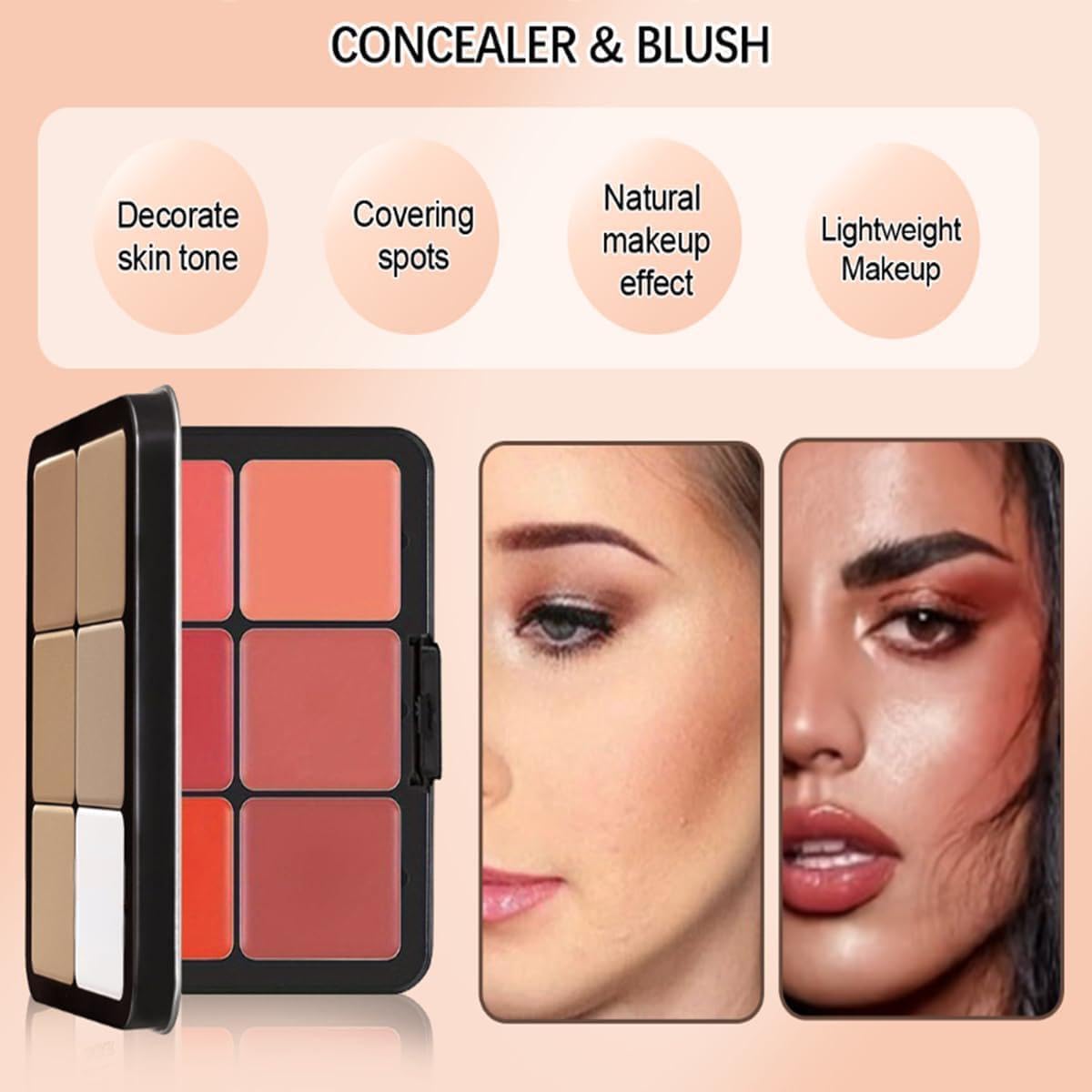 Palette de 12 couleurs d'anticernes et de fards à joues, longue tenue, résistante aux bavures, estompable, 2 en 1 fards à joues en crème au fini mat Palette de maquillage pour le visage (#01)