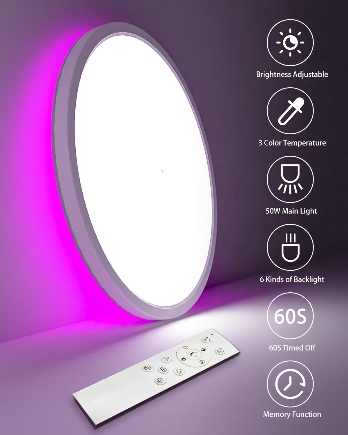 zemty LED Deckenleuchte Dimmbar 59CM, 50W RGB Deckenlampe mit Fernbedienung, Badezimmer Lampe Wasserfest, Flach Badlampe Decke für Bad Kinderzimmer Schlafzimmer Wohnzimmer