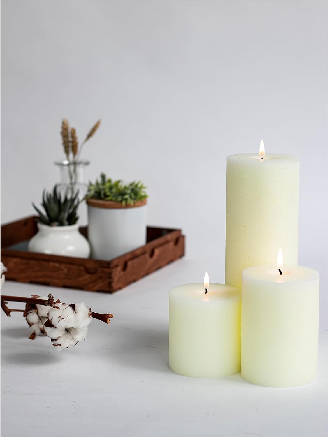 CANDWAX Assorted Pillar Candles Set of 3 – Sizes 3", 4", 8" Unscented Dripless Large Candles, Rustic Style Long Burning for Weddings, Home Decor – Ivory