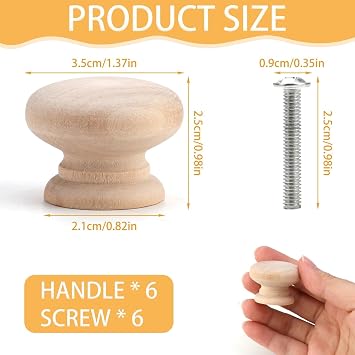 6 Pack Wooden Drawer Knobs, Round Mushroom Cabinet Pull Handles with Mounting Screws, Natural Solid Wood Furniture Knobs for Cupboard Wardrobe Home Decoration