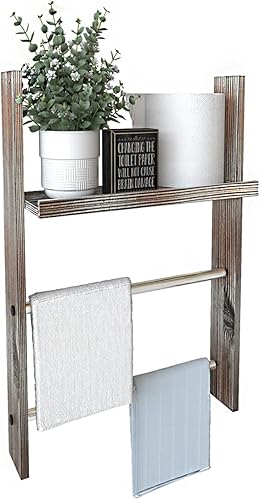 J JACKCUBE DESIGN Toallero de pared de madera rústica con estante, escalera de manta para baño, soporte de toallas de mano de cocina, colgador de