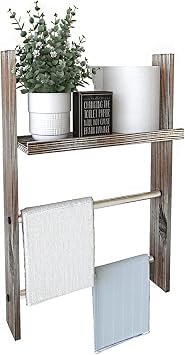 J JACKCUBE DESIGN Rustic Wood Wall Mount Towel Rack with Shelf, Blanket Ladder for Bathroom, Kitchen Hand Towels Holder, Stainless Towel Bar Hanger Farmhouse Decor - MK576A