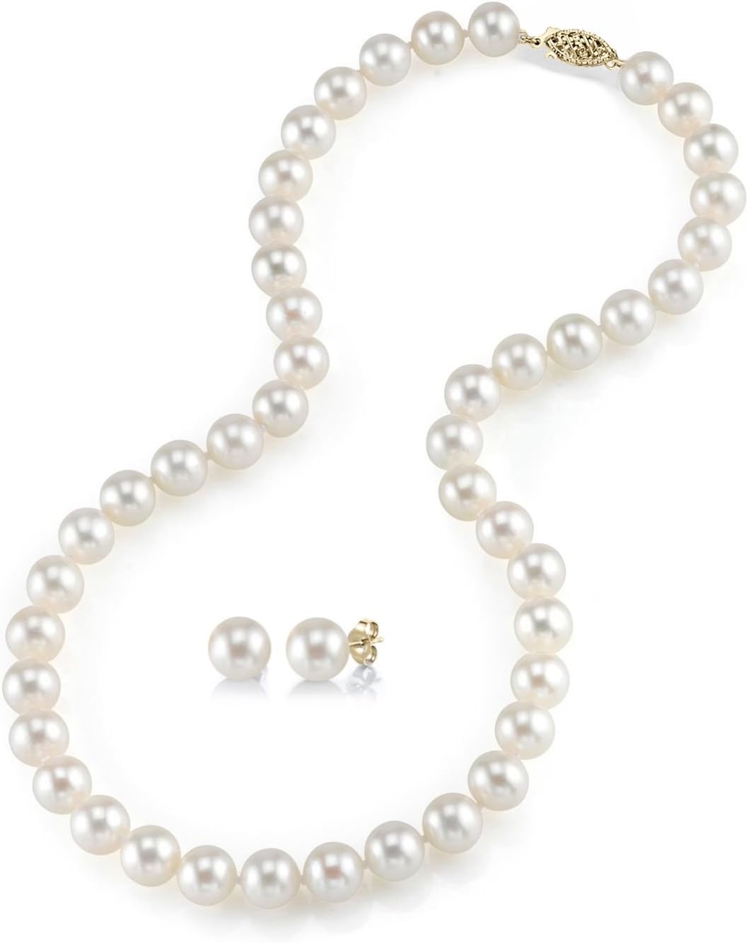 14K Gold 7-8mm Round White Freshwater Cultured Pearl Necklace & Earrings Set in 18" Princess Length for Women