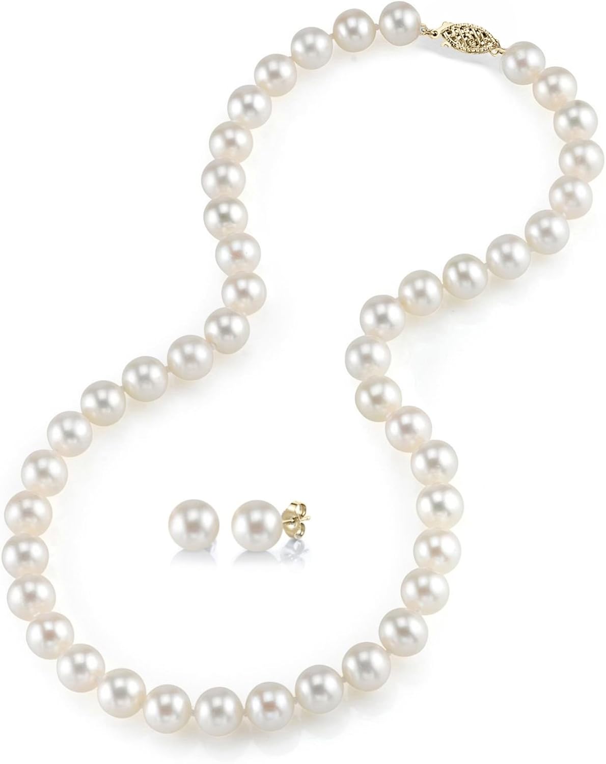 The Pearl SOURCE Juego de collar y pendientes de perlas cultivadas en agua dulce de 7 a 0.315in, de oro de 16 pulgadas de longitud para mujeres