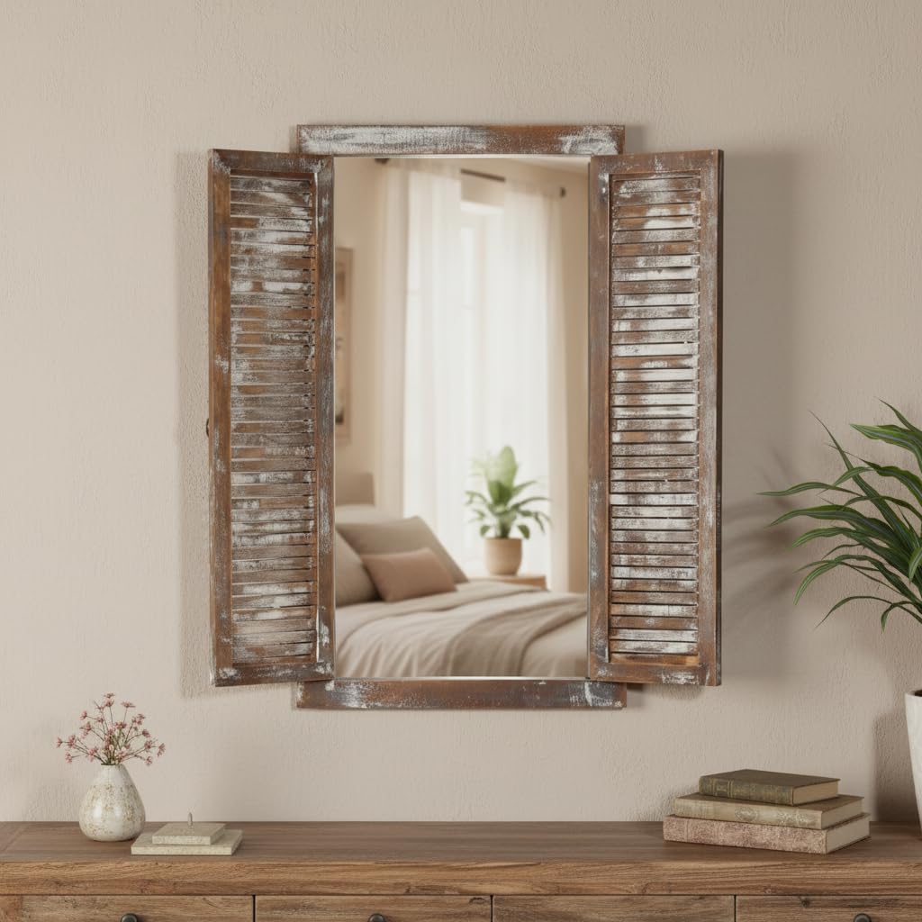 Melko Lustro garderobiane z okiennicami, lustro ścienne, 70 cm, Shabby Chic, okno lustrzane z