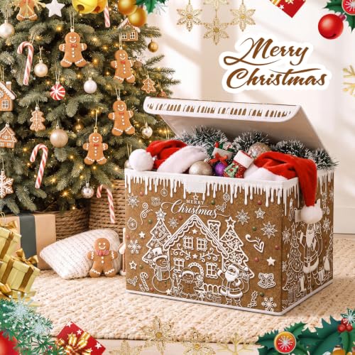 Image of Briwooody Christmas Gingerbread House Storage Bin with Lid and Carrying Handle Gingerbread Man Foldable Storage Box Large Xmas Decorative Collapsible Container Basket for Organizing Closet Home Gift