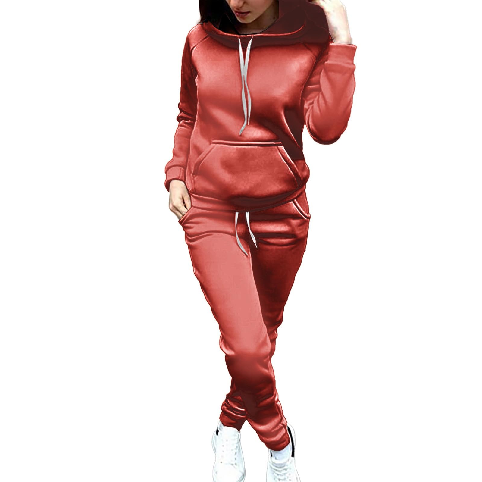 Conjunto deportivo de dos piezas para mujer, conjunto de sudadera con capucha estampada y pantalones deportivos con bolsillos canguro