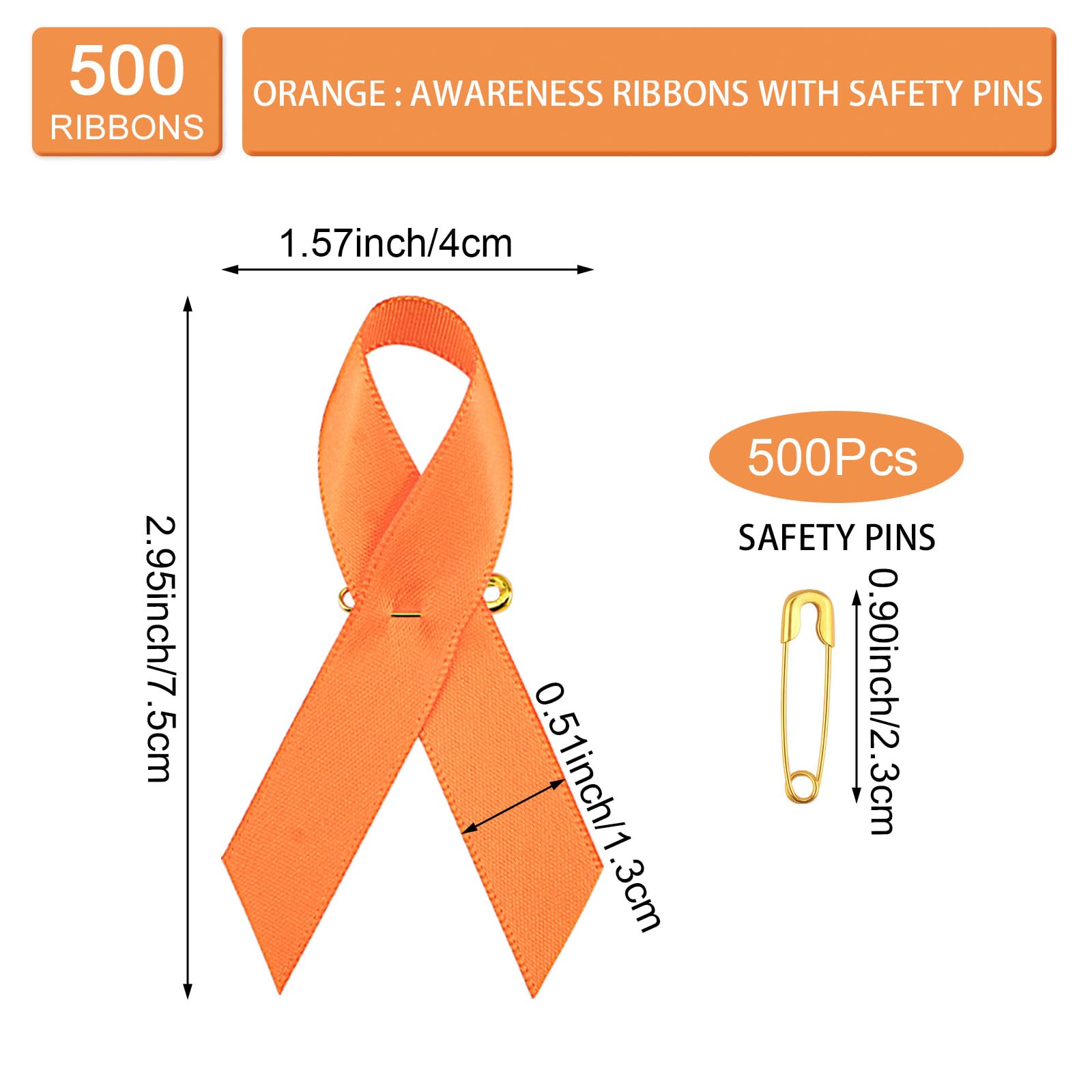 WANDIC 500 Spille con Nastro Arancione Satinato, per sensibilizzazione alla leucemia, Cancro ai reni, Pistola per sensibilizzazione alla violenza, per beneficenza, Eventi sociali pubblici (7,5 x 4