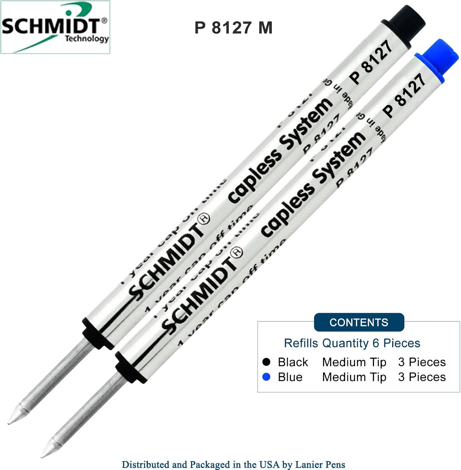 Pack of 6 - Schmidt P8127 Short Capless System Rollerball Black/Blue Ink Medium Tip