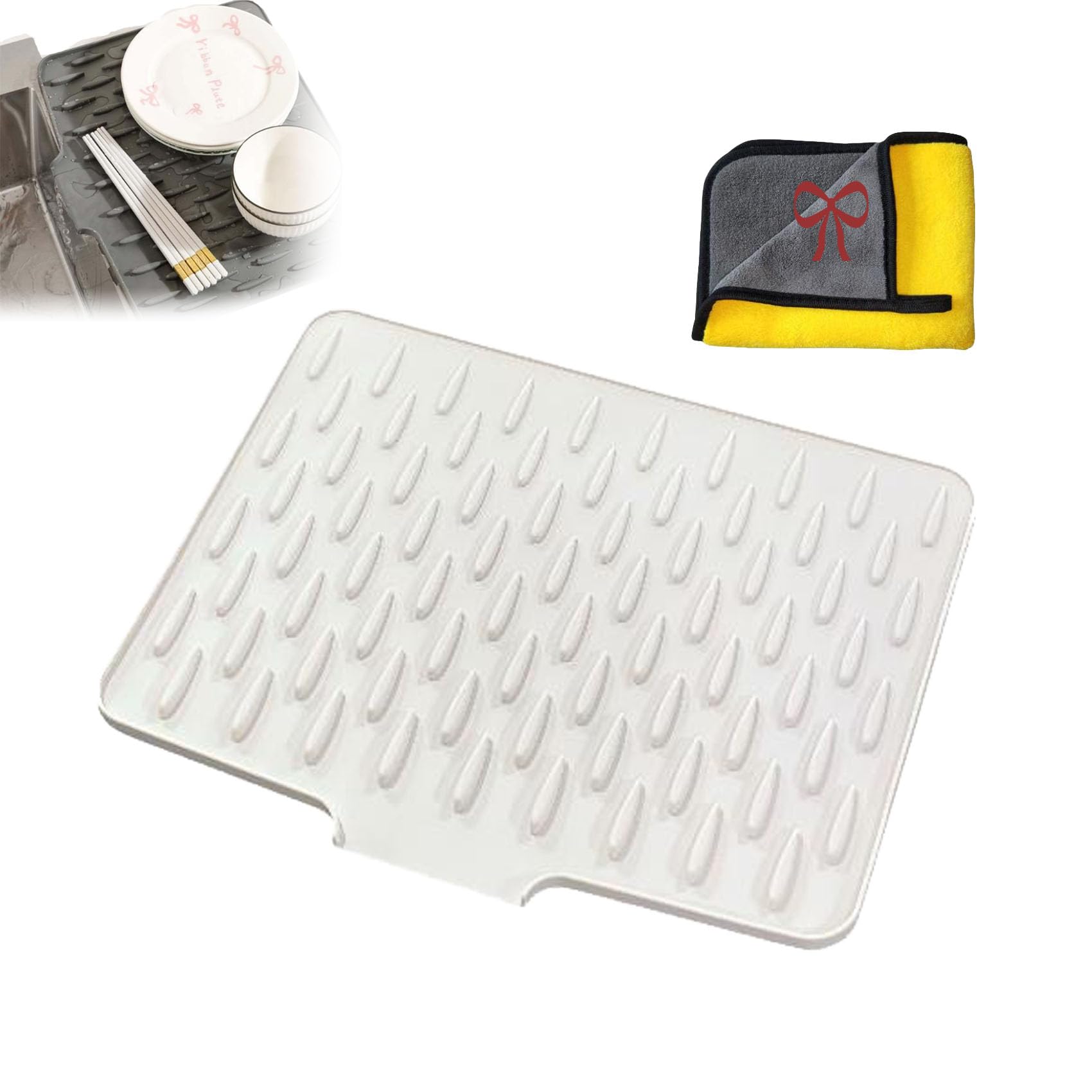 Silicone Dish Drying Mat, No-Spill Silicone Worktop Saver, for Kitchen Counter, Sink, Table, Refrigerator, Multifunctional Foldable Drainage Mat (White)