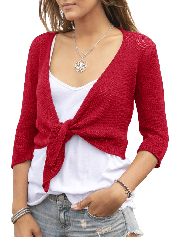 YeMgSiP Women's Tie Front Shrug 3/4 Sleeve Bolero Sheer Knotted Lightweight Cardigan Sweaters Short Shawl Tops