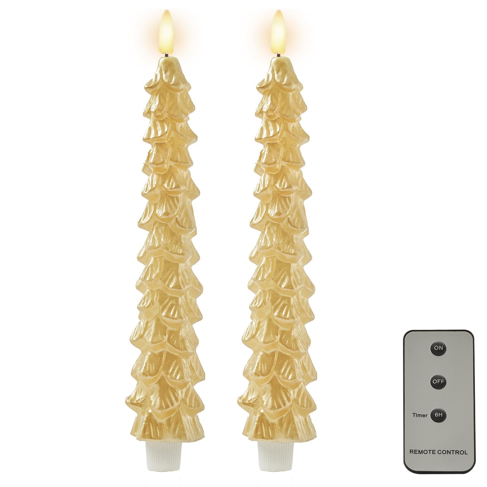 Photo 1 of DN DECONATION Flameless Christmas Tree Candles with Remote, LED Christmas Flameless Taper Candles Battery Operated, Gold Tree Shaped Fake Candle Sticks for Xmas Table Decor Window Decorations 2PCS