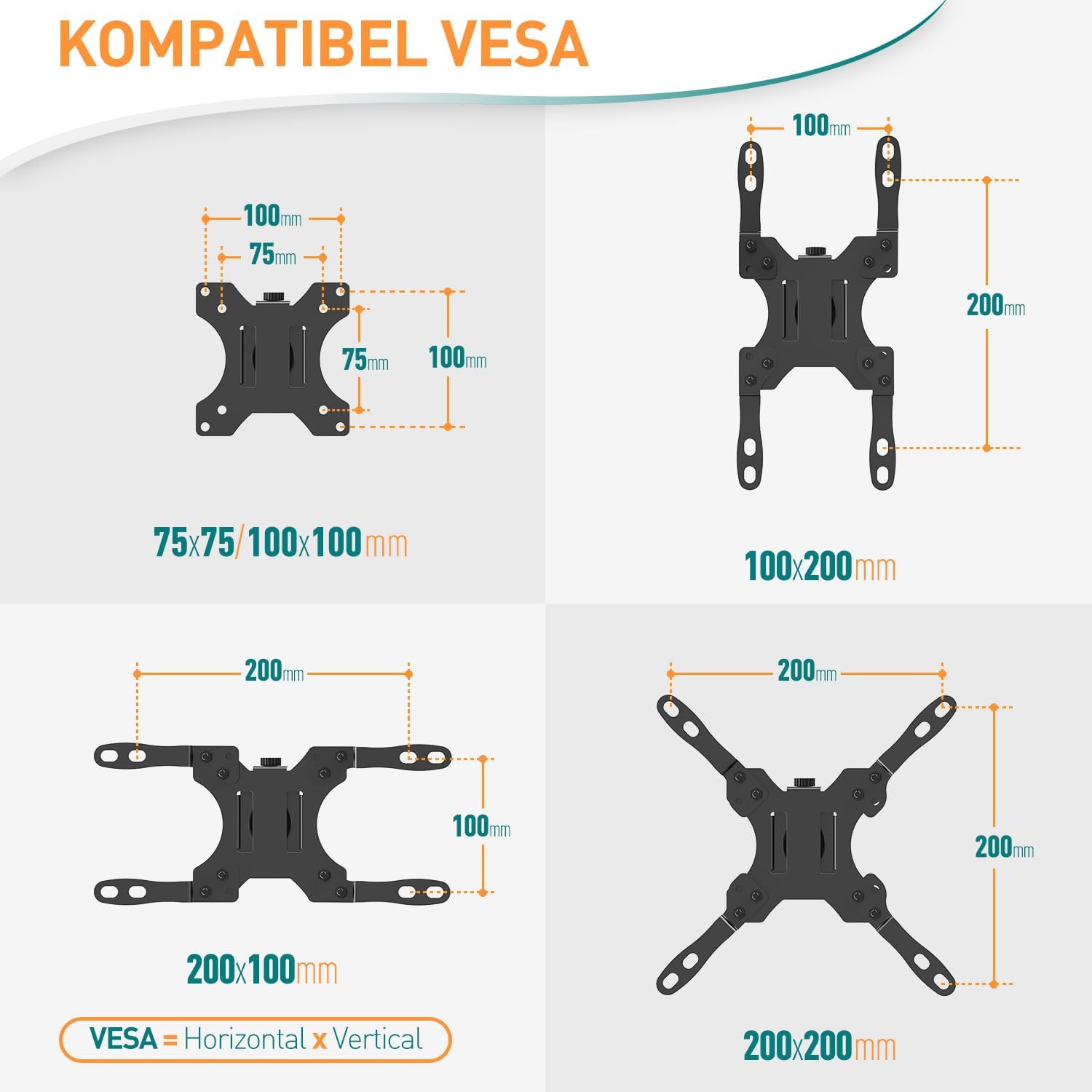 Diagram illustrating VESA mounting patterns supported by the ELIVED EV6023 monitor mount: 75x75mm, 100x100mm, 100x200mm, 200x100mm, and 200x200mm.