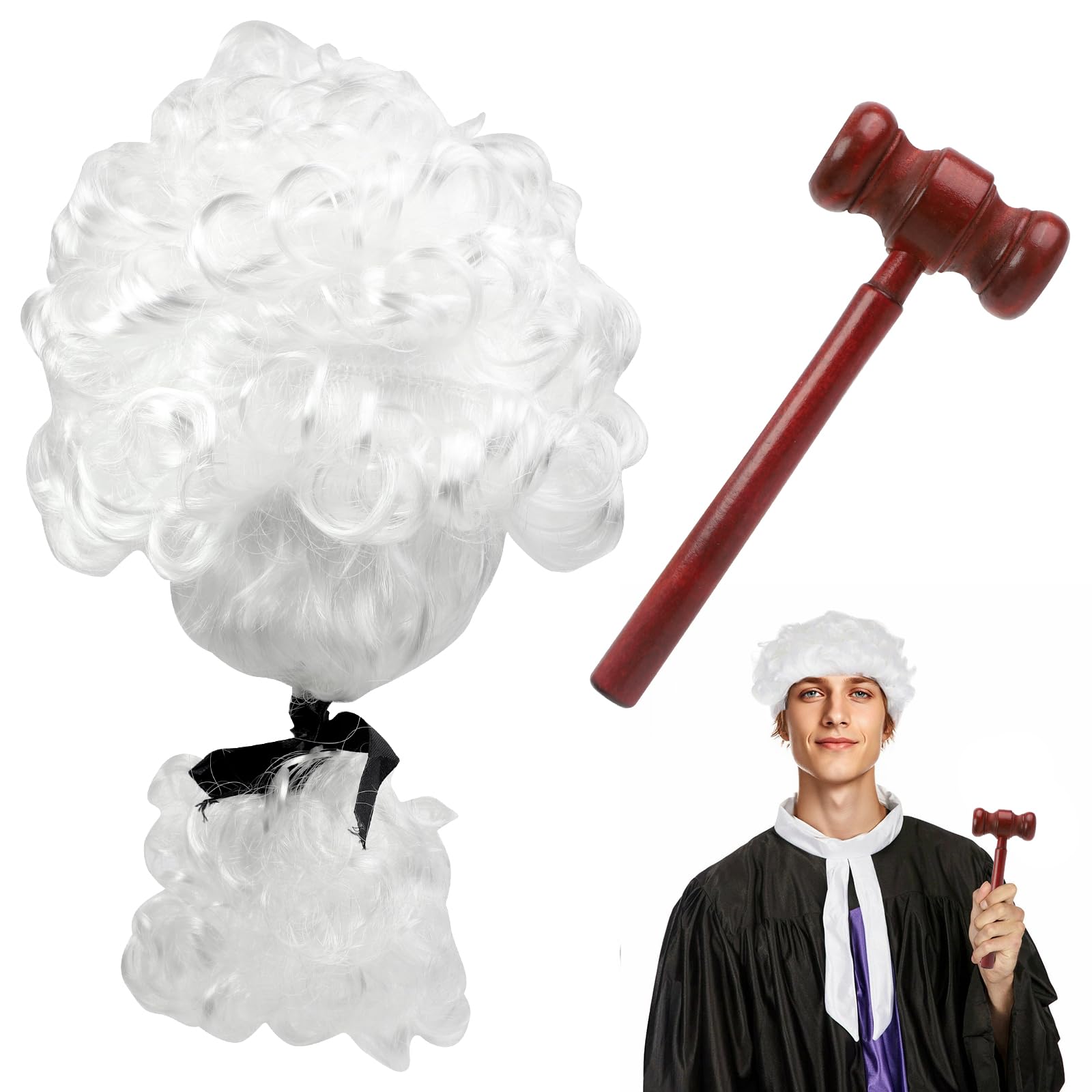 2 Pcs Judge Costume Accessories,White Judges Wig Lifelike And Vivid,Mini Wooden Judge Gavel,Lightweight And Portable,Party Costume Accessories,Cosplay Accessories for Halloween Makeup Theme Party
