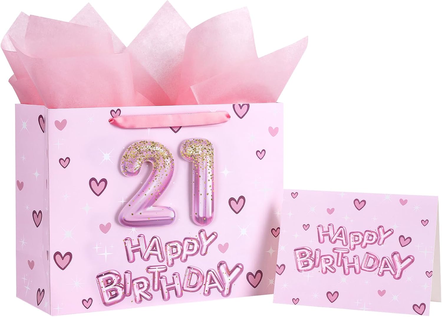 Loveinside 21st Birthday Gift Bag for Girls, Pink 3D Number 21 Balloons and Hearts Design, Medium Size Bag with Tissue Paper, Tag, Greeting Card, Ideal for Birthday Celebration, 10" x 5" x 13", 1 Pcs