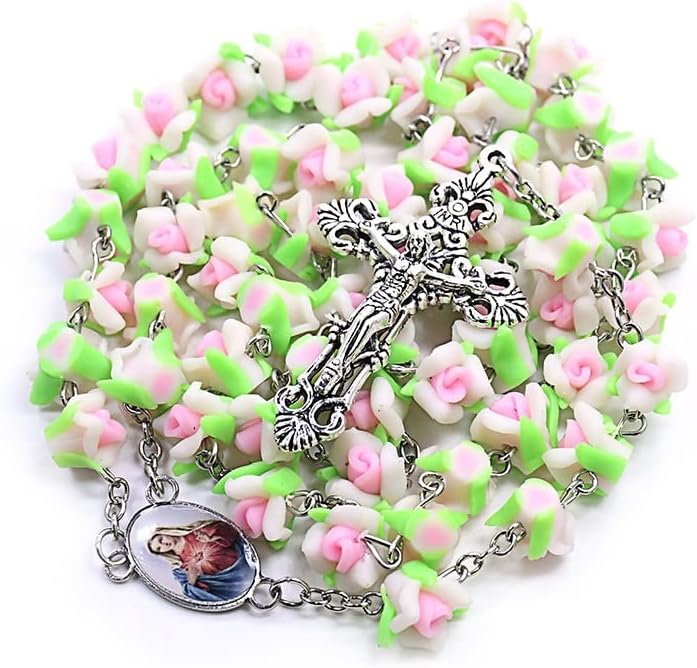 Flower Necklace, Rosaries Beads, Crucifix Religious Jewelry (White)…