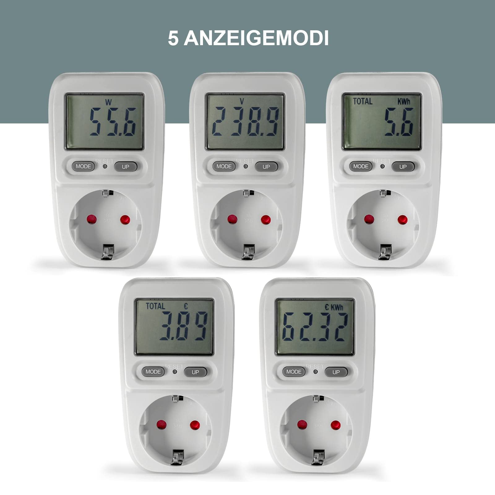 Eaxus® 4er Set Energiekostenmessgerät Steckdose mit Display - Strommesser Verbrauchsmessgerät bis 3680 Watt, Weiß