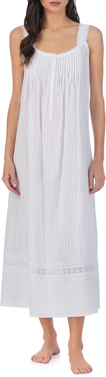 Eileen West Sleepwear & Loungewear for Women – Dobby Stripe Collection - 100% Cotton Lightweight Sleeveless Long Nightgown