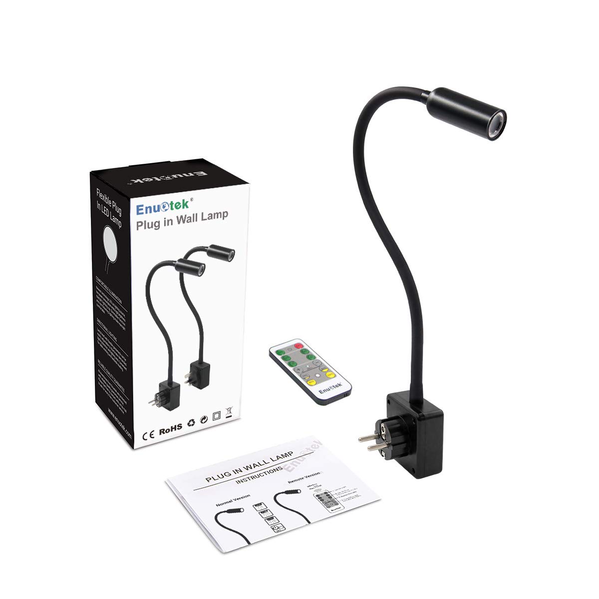 ENUOTEK Lampara Aplique Pared de Lectura Foco LED Regulable, Luz Mesita de Noche Dormitorio LED con Enchufe, Interruptor Tactil y Control Remoto, 3W Luz Neutra 4000K, 1X Lampara y 1X Control Remoto