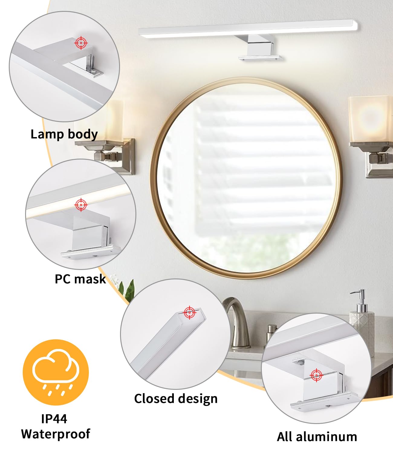 Lampe Miroir Salle de Bain Moderne à LED, 4000K 6000K Température Bicolore, 40cm 12W IP44 Applique Murale Salle Bain en Aluminium avec Interrupteur Câblage, Applique Maquillage Eclairage