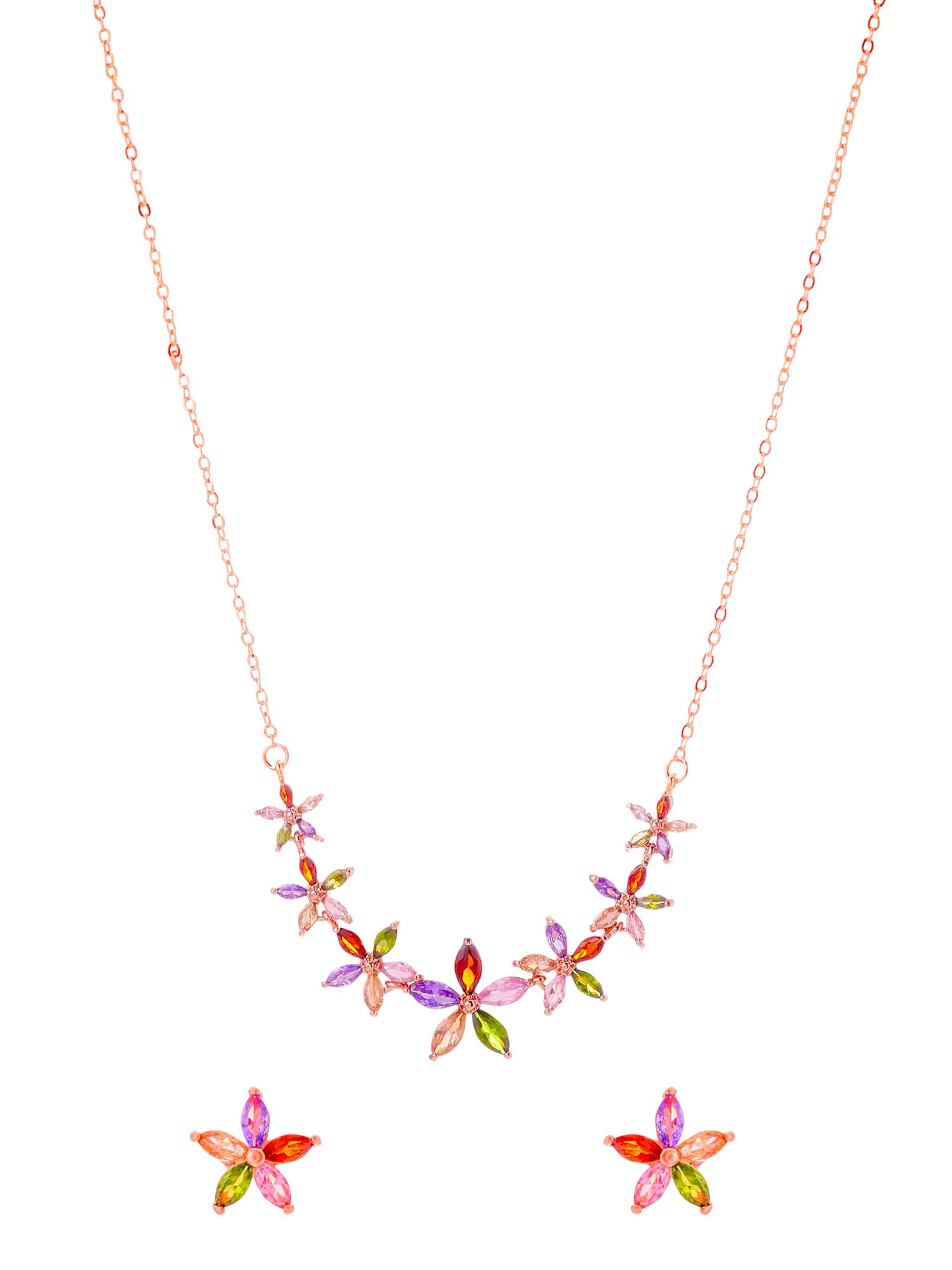 Fashion Jewellery Set for Women Florets Charms Swiss Cubic Zirconia 18K Rose Gold Plated Necklace Set for Women and Girls-image-5