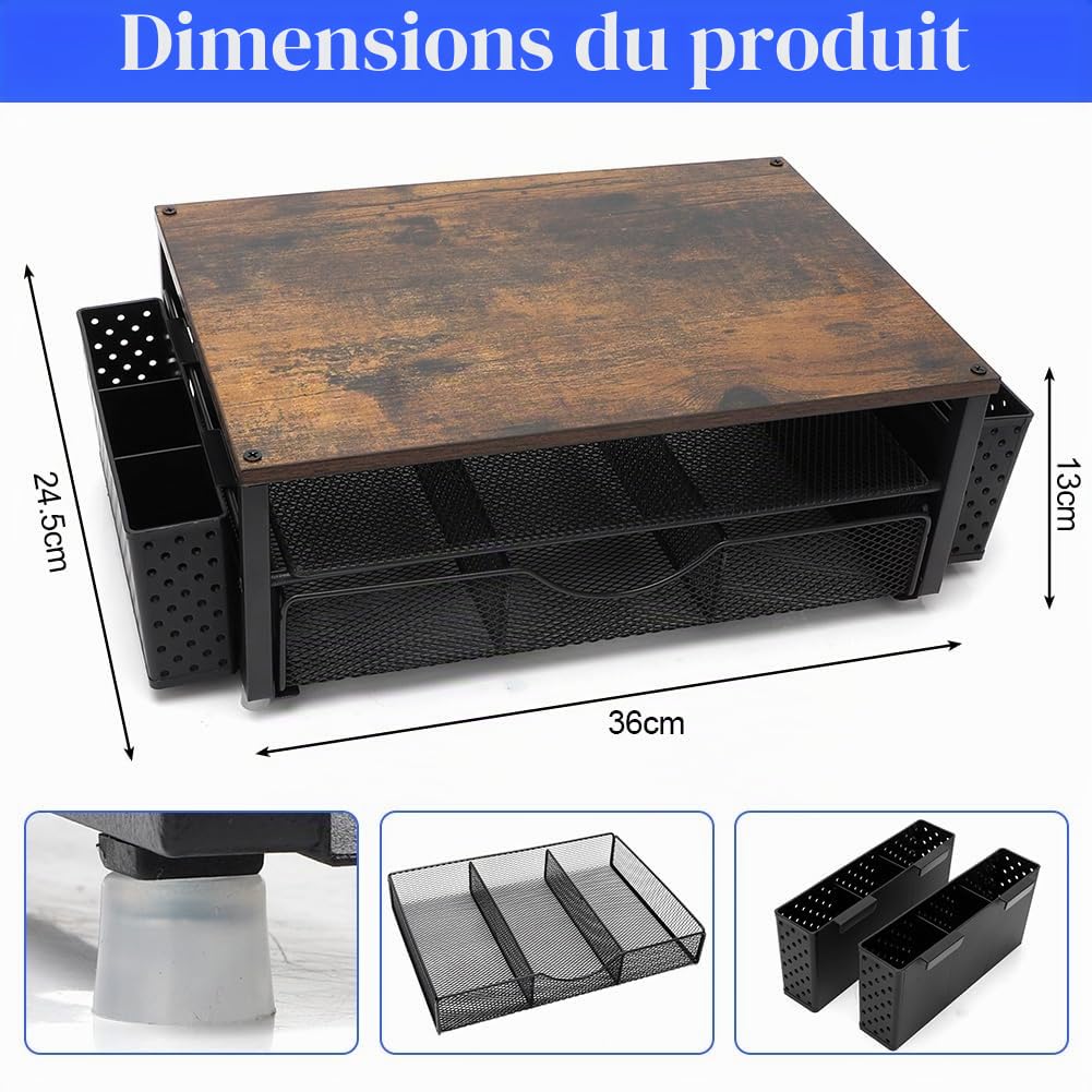 Support de moniteur, organisateur de bureau avec tiroir et 2 porte-stylos, support de rangement, rehausseur d'écran pour bureau, maison