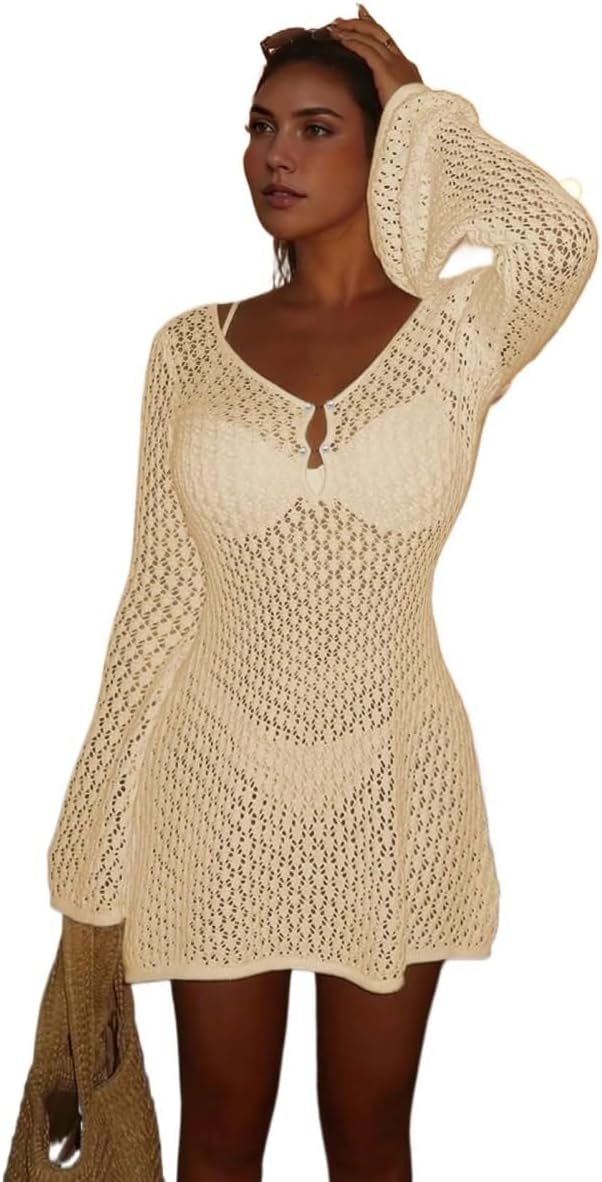 Women's Long Sleeve Hollow Out Swimsuit Cover Up, Elegant Beach, V-Neck Skirt Summer cover ups for swimwear
