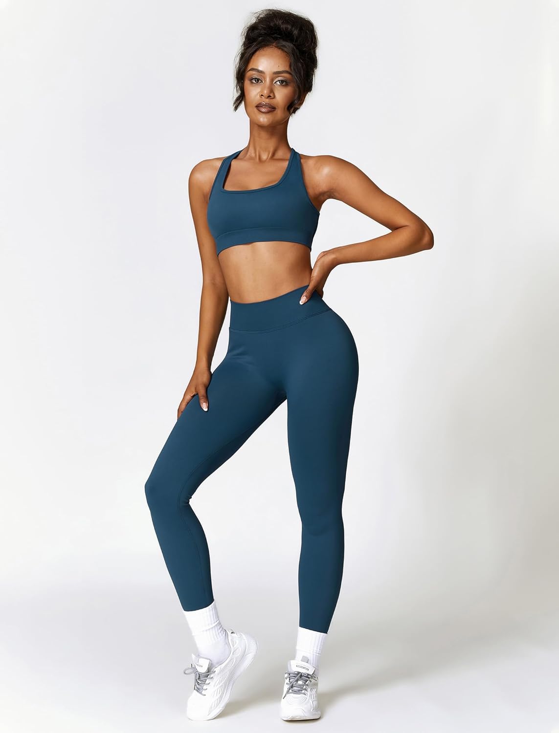 ABOCIW 2 Piece Workout Sets for Women Seamless Strappy Sports Bra V Scrunch Butt Lifting High Waist Leggings Gym Set - Image 5