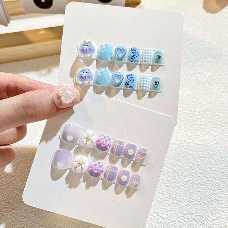 ZEELPETAL Cute Resin Fake Nails for Kids – Colorful Mini Press On Nails with Pre-Glued Back – Cartoon Relief Design Artificial Nails for Girls – Great for Birthday Gifts & Party Looks (Multidesign) (Multicolor, 24Pcs)-image-36