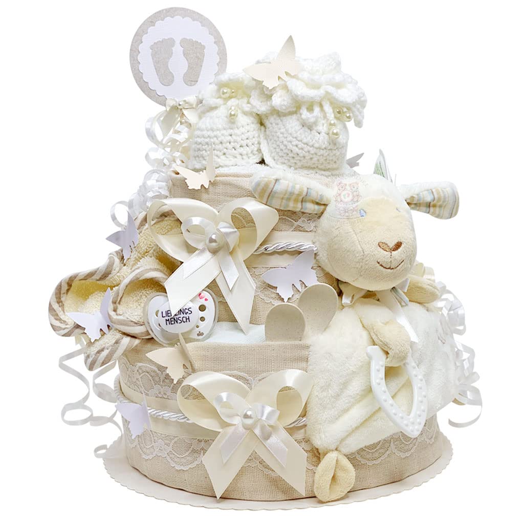 MomsStory Gâteau de Couches Neutre Mouton 2 Étages Beige Cadeau Naissance Baby Shower