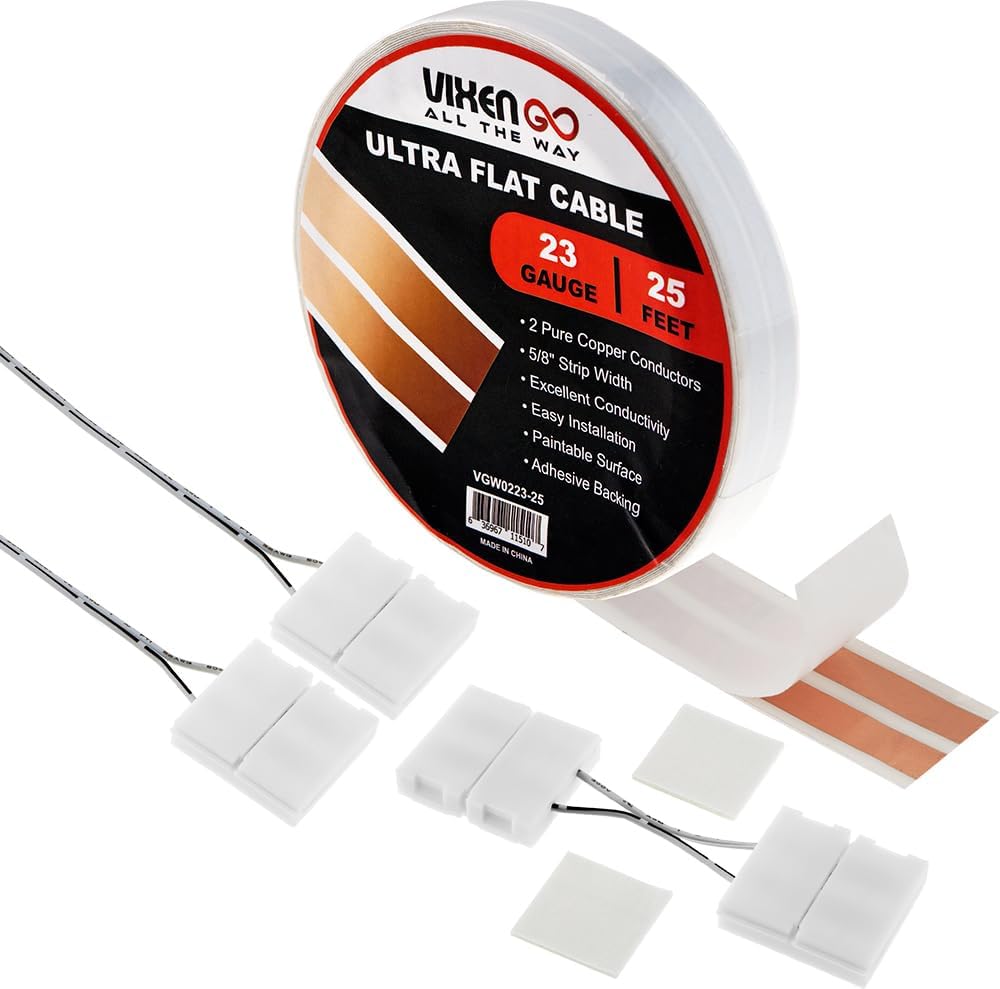 Hidden Flat Wire 2 Conductor 23 Gauge Paintable Cable for LED Lighting, Smart Doorbell, Audio Speakers, Low Voltage Appliances 25 FT + 2 Quick Connectors & 1 L Shaped Connector