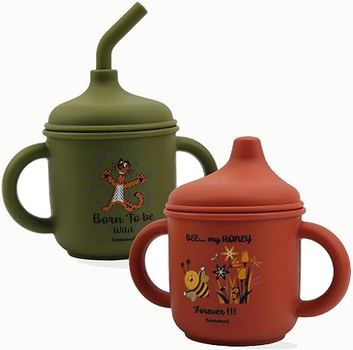 Teleiotes 2 vasos de silicona para niños pequeños, vasos de paja de transición para bebés de 12 meses +, vasos de entrenamiento para bebés con dos