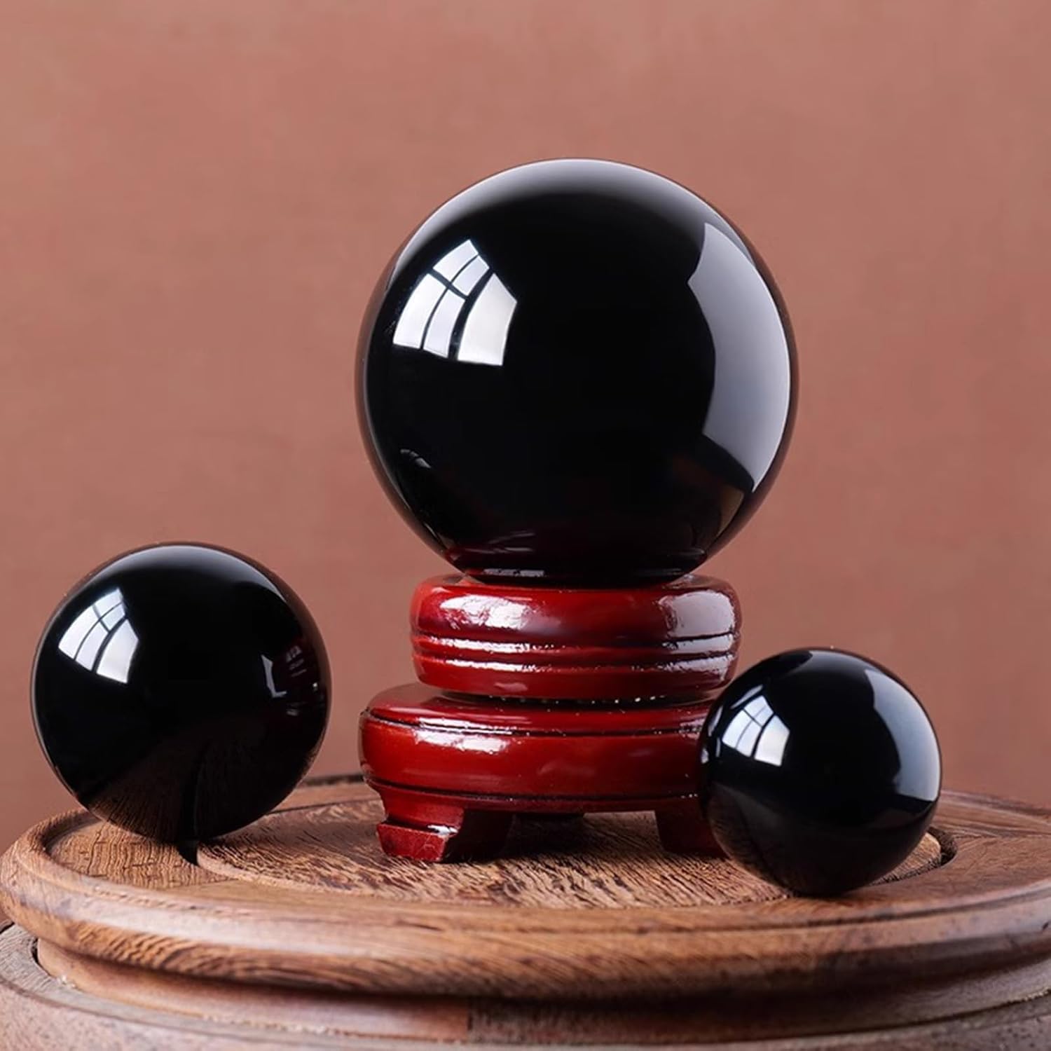 Black Obsidian Crystal Sphere,Feng Shui Ball with Wooden Stand,Quartz for,Home Decoration,70mm/2.75in