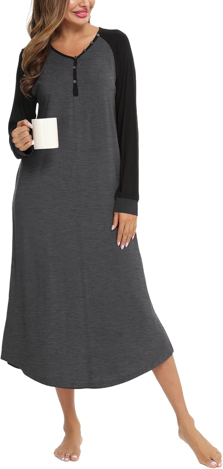 SWOMOG Womens Long Nightgowns Long Sleeve Nightshirt Soft Sleepwear Henley Nightdress Casual Calf Length Housecoat S-XXL