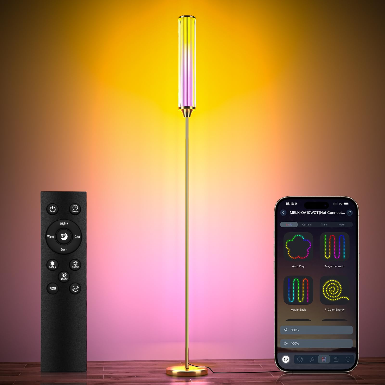 FRIDEKO HOME Floor Lamp, Smart RGBCW LED Color Changing Floor Lamps for Living Room & Gaming Decor, Standing Lamp with App & Remote Control, Tall Corner Lamp for Bedroom Party,12W 1500LM, Glod