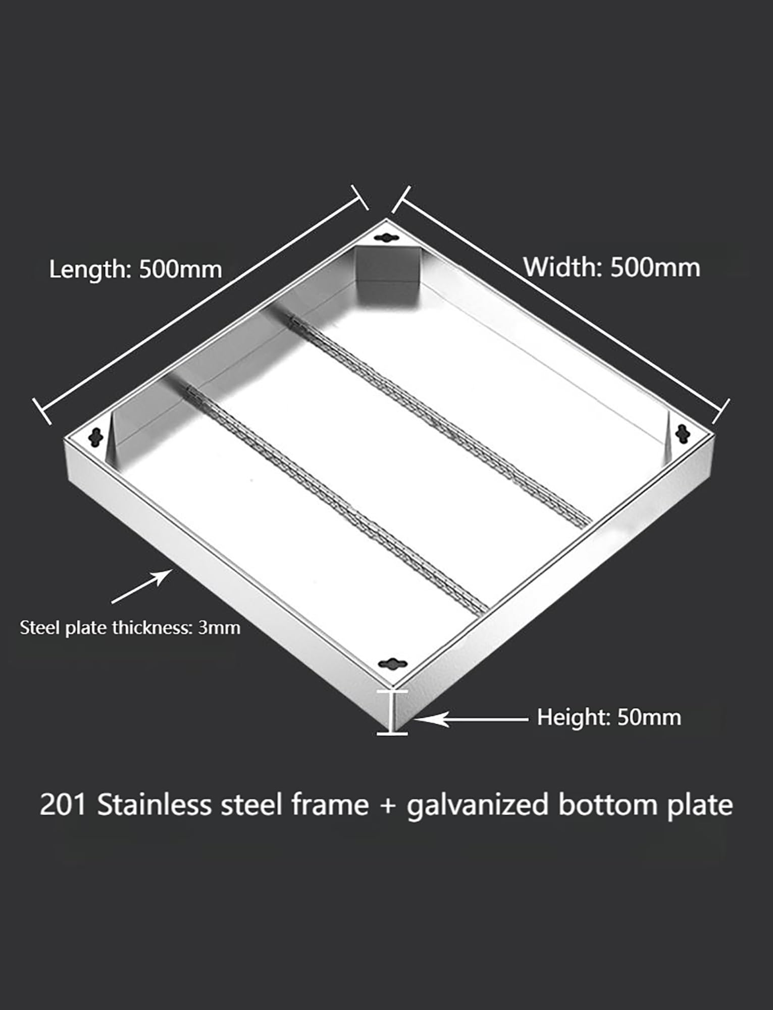 Griglia di scarico quadrata, 500 x 500 mm, in acciaio inox e base zincata, per patio, giardino, scuola, design elegante invisibile per spazi esterni.